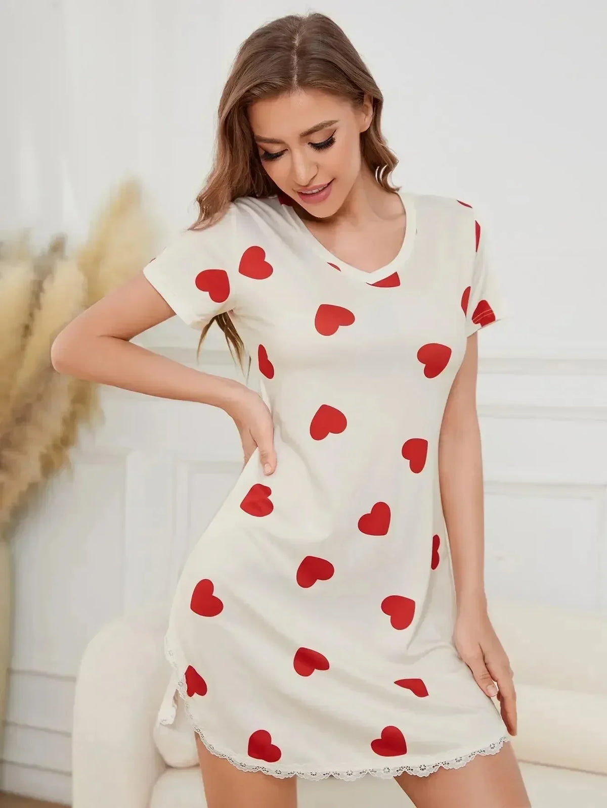 Summer Sexy Sleepwear Women Lace Hem Nightdress V-Neck Short Sleeve Pajamas Nighties Nightgown Nightwear Side Split Skirt